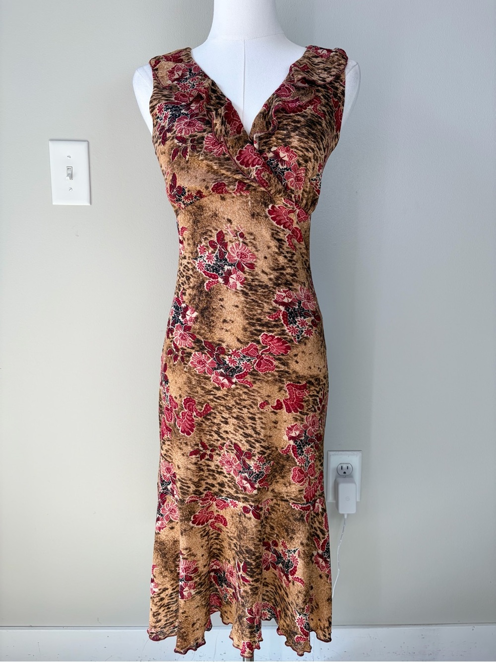 Vintage Y2K My Michelle Animal Print Floral Midi Dress Fitted Flowy 2000s